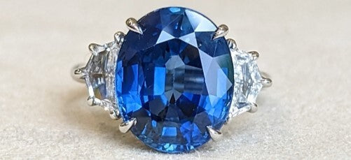 Authenticated 3-Stone Natural Oval Sapphire & Shield Cut Diamond Engagement Ring