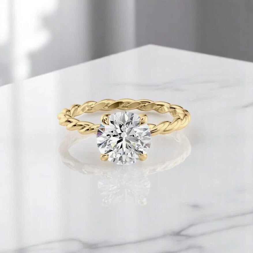 2.00 Ct D VS1 Round Rope Lab Grown Diamond Ring 14k Yellow IGI Certified
