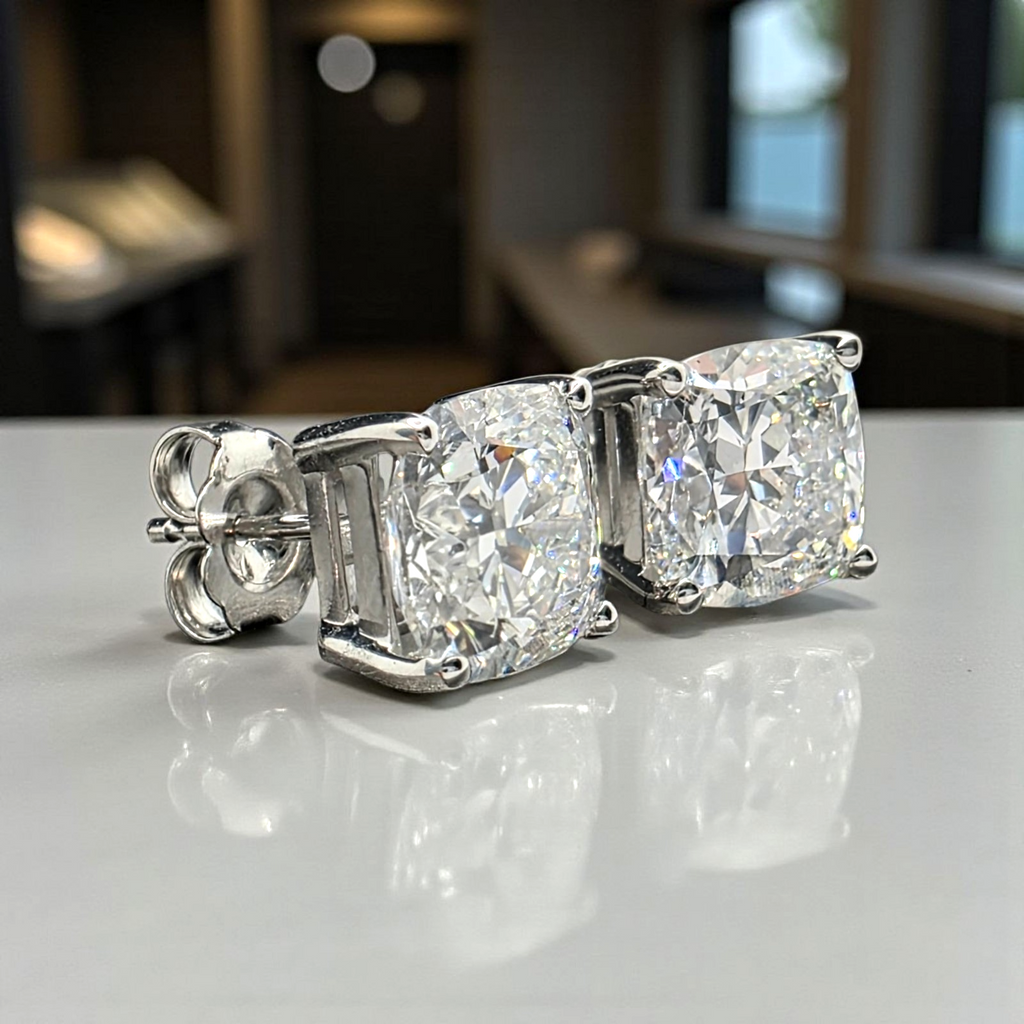 4.00 Cushion E VS1 Lab Grown Diamond Studs IGI Certified 14k White Gold