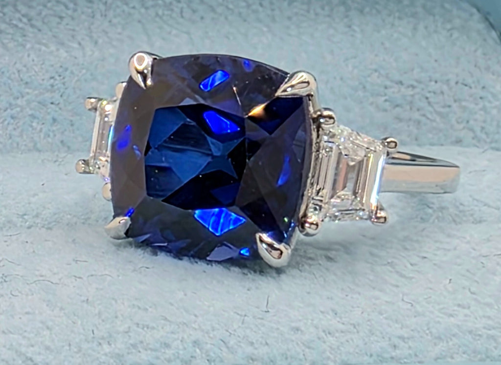11.79 Ct Cushion Lab Grown Sapphire and Diamond Ring 14k GIA Authenticated