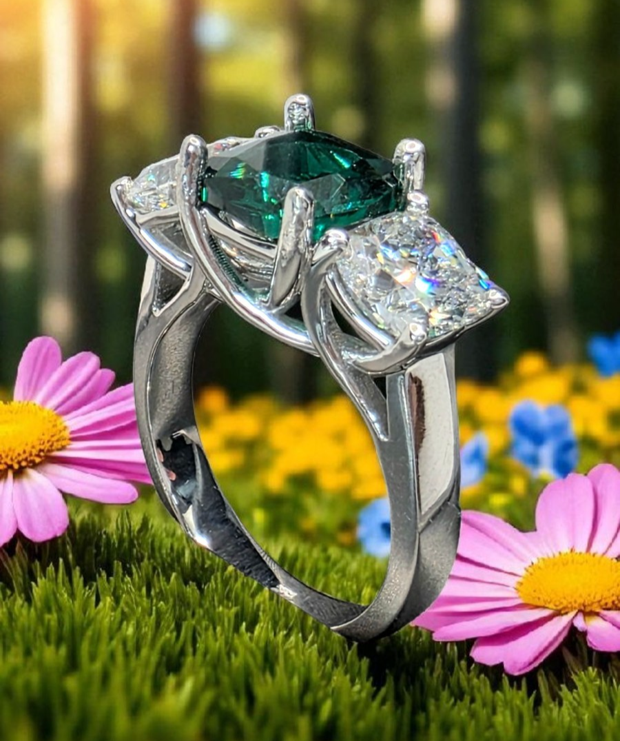 4.00 Ct Cushion Lab Grown Emerald and Diamond Ring 14k IGI GIA Authenticated