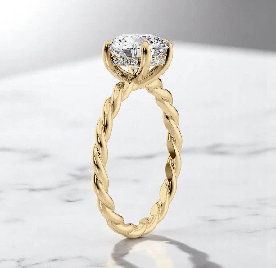 2.00 Ct D VS1 Round Rope Lab Grown Diamond Ring 14k Yellow IGI Certified