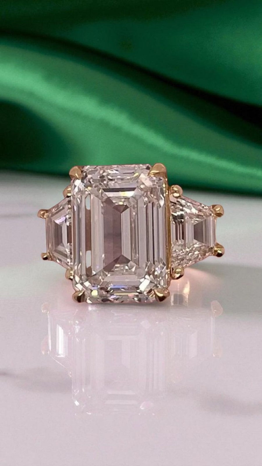 3.80Ct Emerald Cut Lab Grown Diamond Three Stone Engagement Ring 14k Yellow Gold