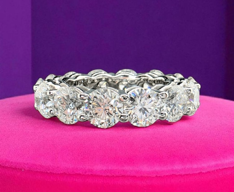 7.43 Ct Round Lab Grown Diamond Eternity Band Ring 14k E VS GIA Authen Size 5.75