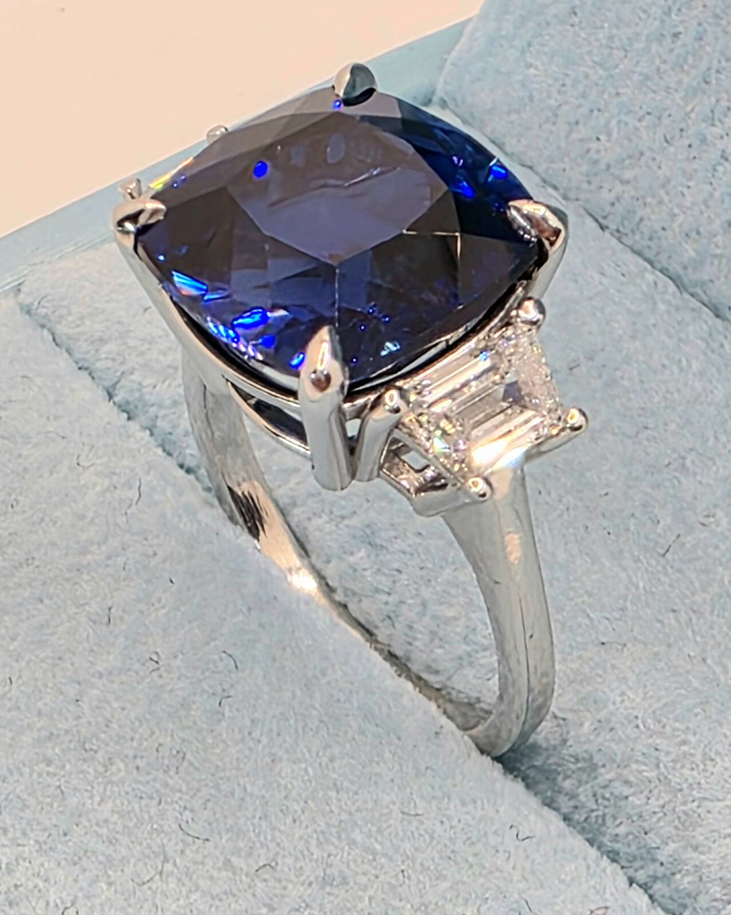 11.79 Ct Cushion Lab Grown Sapphire and Diamond Ring 14k GIA Authenticated