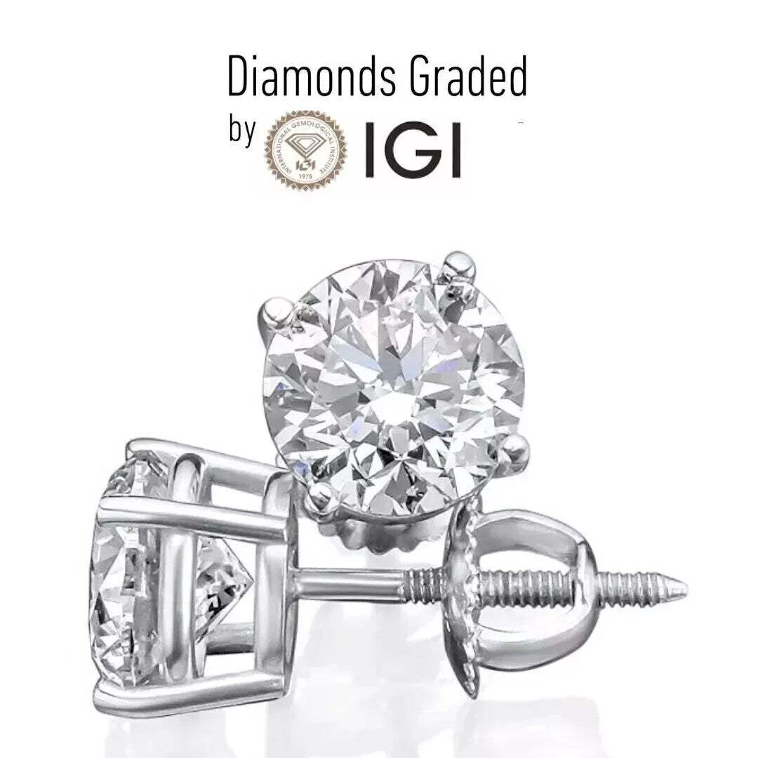 IGI 4.01 Carat Lab Grown Diamond Studs Earrings 14k White Gold E VS1 Screw Back