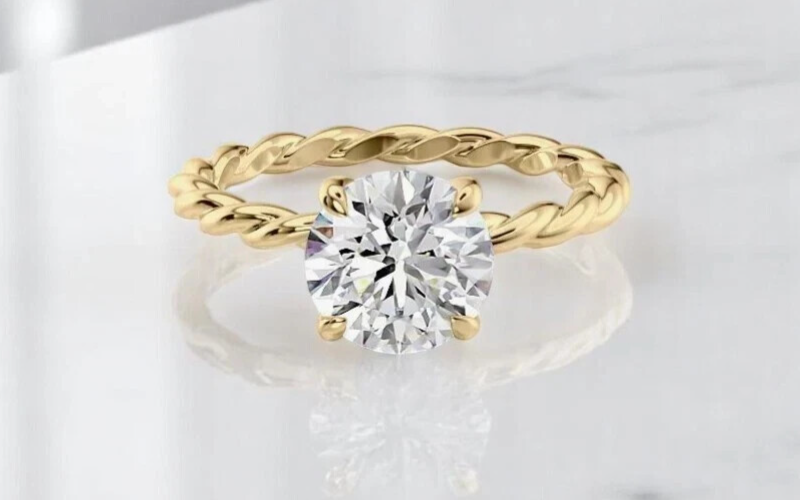 2.00 Ct D VS1 Round Rope Lab Grown Diamond Ring 14k Yellow IGI Certified