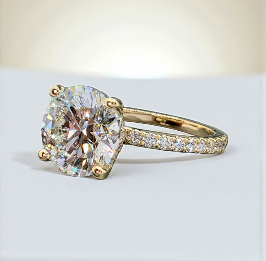 3.42 Ct D VS1 Round Lab Grown Diamond Engagement Ring 14k Yellow IGI Certified