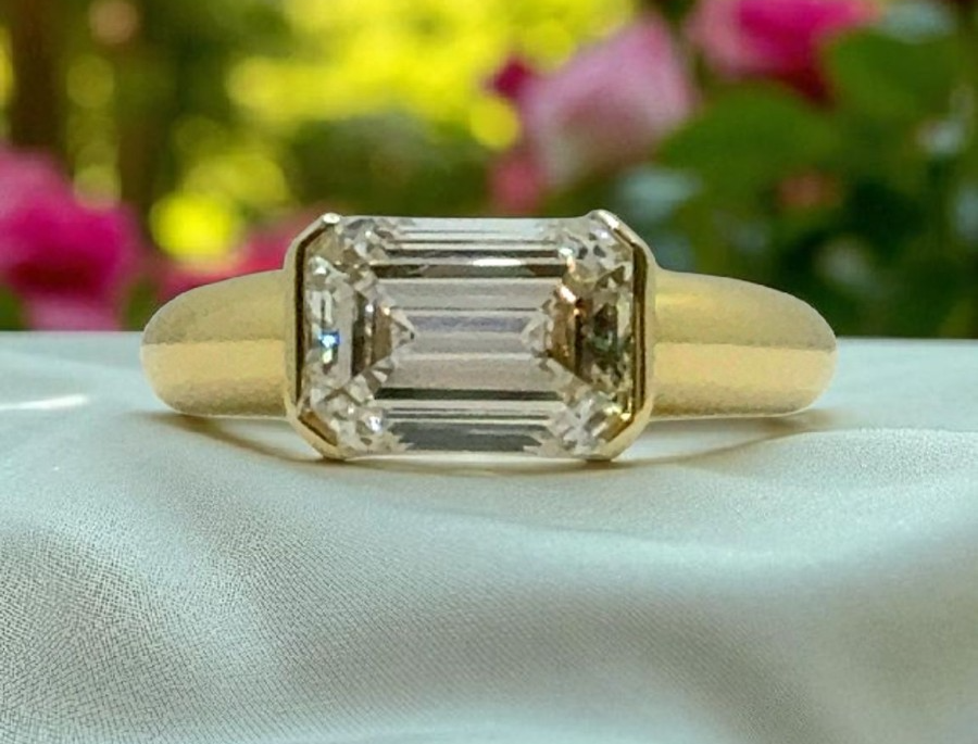 3.00 Ct IGI D VS1 Certified Emerald Cut Lab Grown Diamond Ring East West 14k