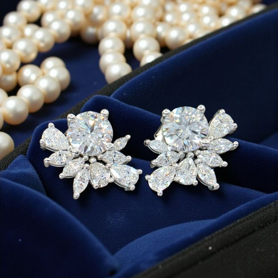 3.33 Ct Lab Grown Diamond Cluster Studs Earrings 14k White Gold D VS1 IGI Cert