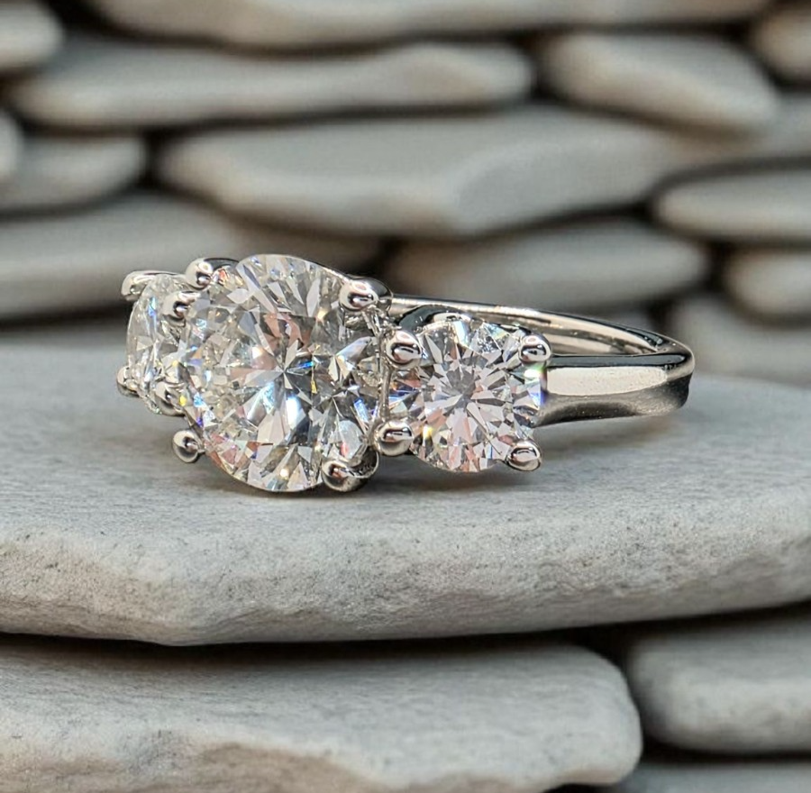 3.00 Ct D VS1 Lab Grown Round Cut Diamond Three Stone Engagement Ring IGI 14k