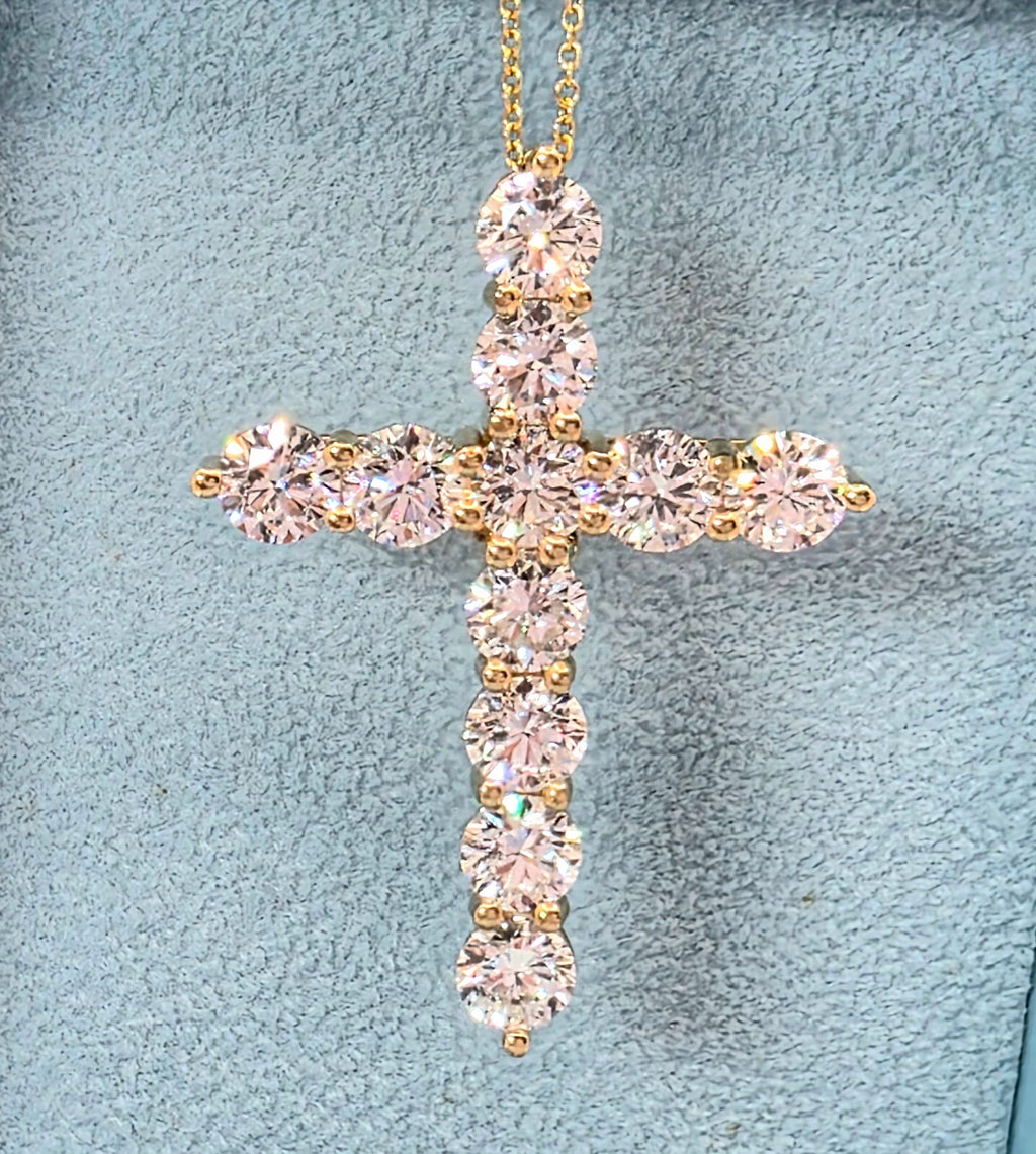 7.73 Ct E VS Round Lab Grown Large Diamond Cross Pendant Necklace 14k Gold