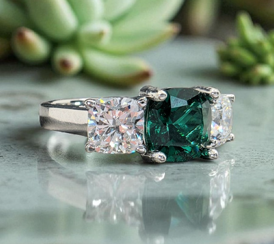 4.00 Ct Cushion Lab Grown Emerald and Diamond Ring 14k IGI GIA Authenticated