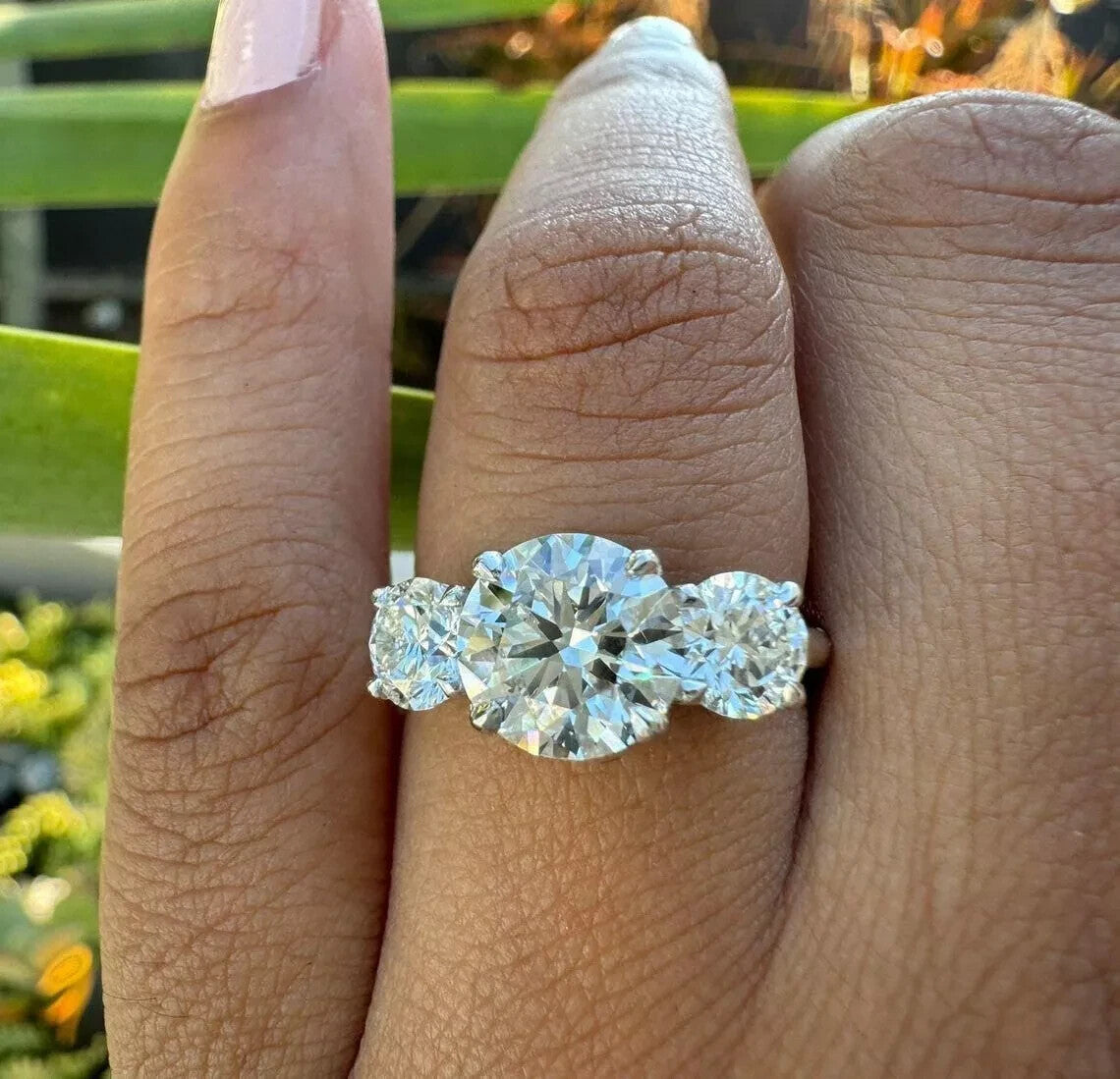 5.00 CT E VS1 Lab Grown Round Cut Diamond Three Stone Engagement Ring IGI Plat