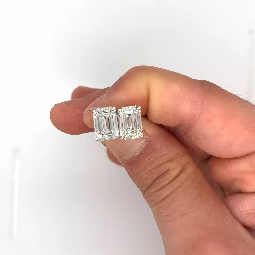 6 Ct Basket Set Emerald Cut E VVS2 Lab Grown Diamond Stud Earrings 14K Gold IGI