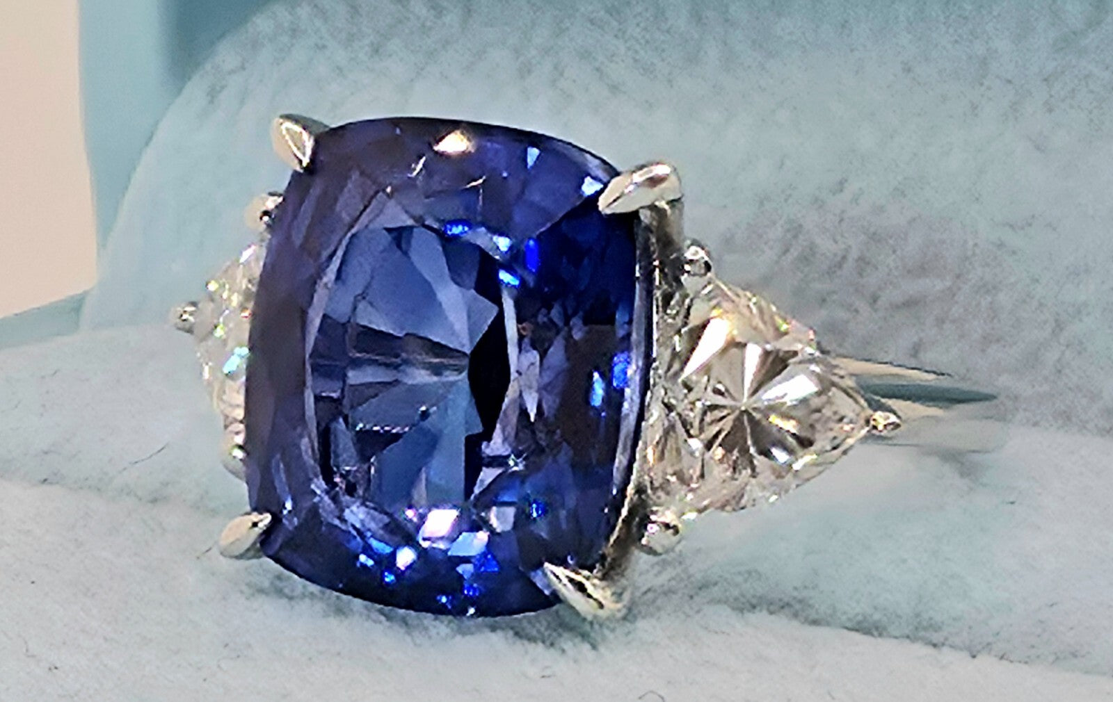 9.43 Ct Cushion Lab Grown Sapphire and Diamond Ring 14k GIA Authenticated