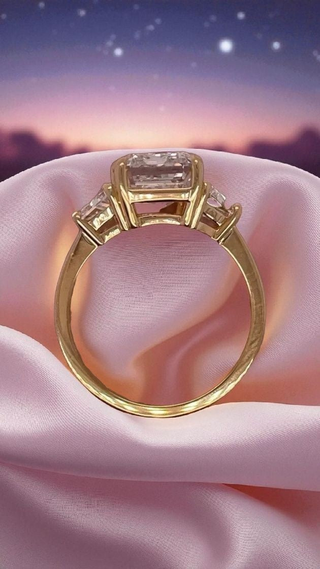 3.80Ct Emerald Cut Lab Grown Diamond Three Stone Engagement Ring 14k Yellow Gold