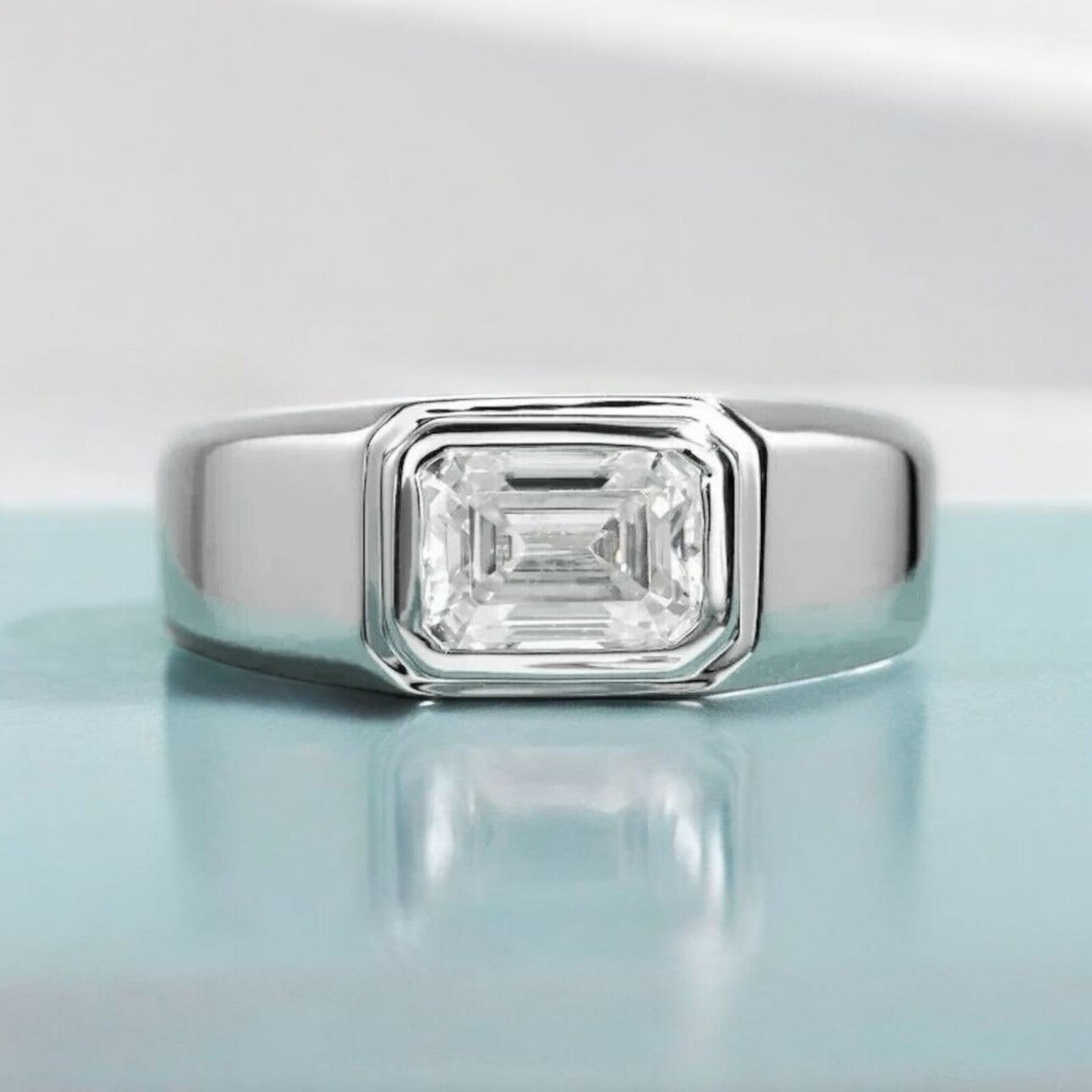 2.00 Ct Lab Grown Emerald Cut Diamond D VS1 Men's Ring 14K White IGI Certified