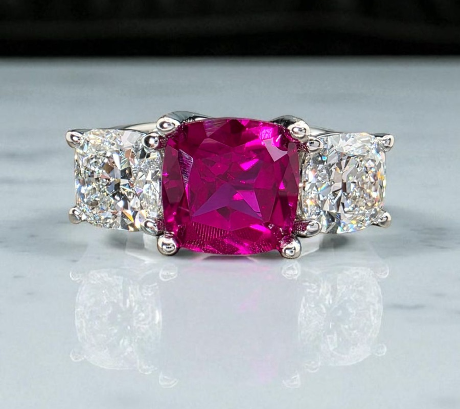 4.80 Ct Cushion Lab Grown Ruby and Diamond Ring 14k IGI GIA Authenticated