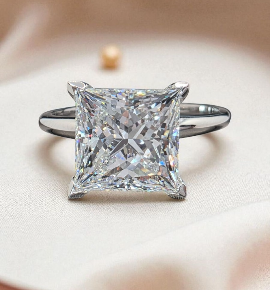 4.05 Ct D VS1 Princess Cut Lab Grown Diamond Ring 14k Gold IGI Certified