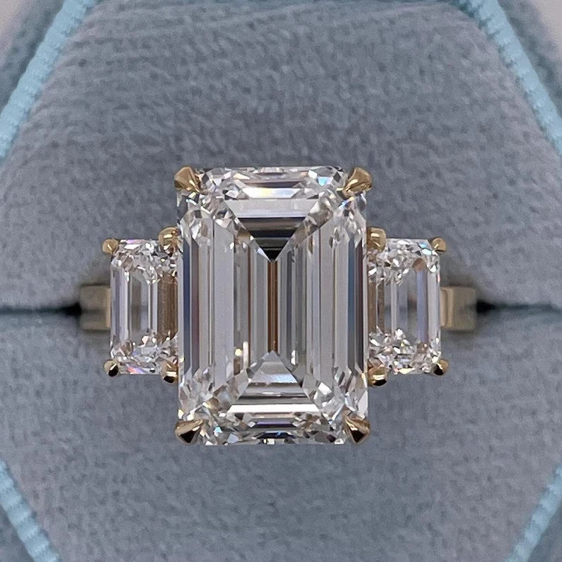 8.00 Carat Emerald Cut Lab Grown Diamond Three Stone Ring 14k Gold IGI Certified