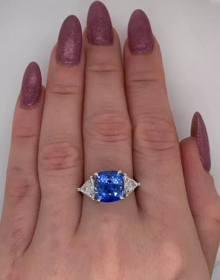 3.50 Ct Cushion Lab Grown Sapphire and Diamond Ring 14k GIA Authenticated