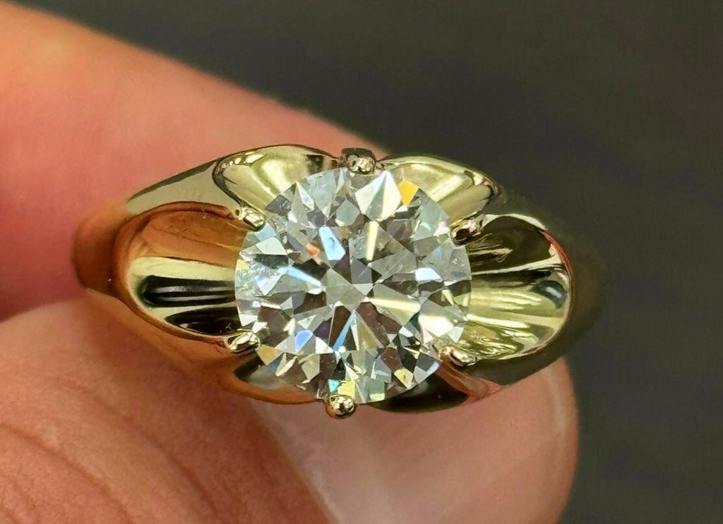 3.00 Ct Lab Grown Diamond E VS1 Men's Ring Round 14K Yellow Gold IGI Certified