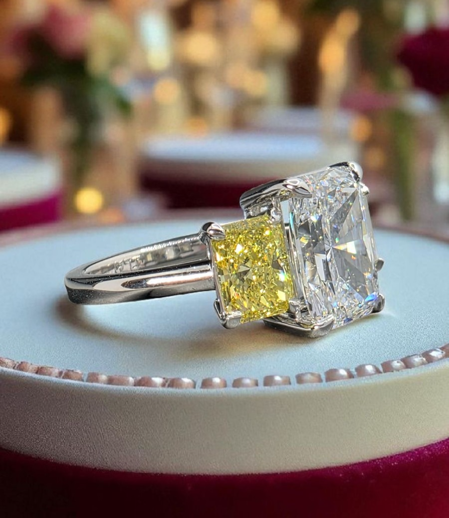 4.42 CT E VVS2 Radiant Cut Lab Grown Diamond 3 Stone Ring Platinum IGI Certified