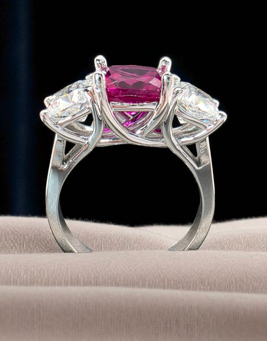 4.80 Ct Cushion Lab Grown Ruby and Diamond Ring 14k IGI GIA Authenticated