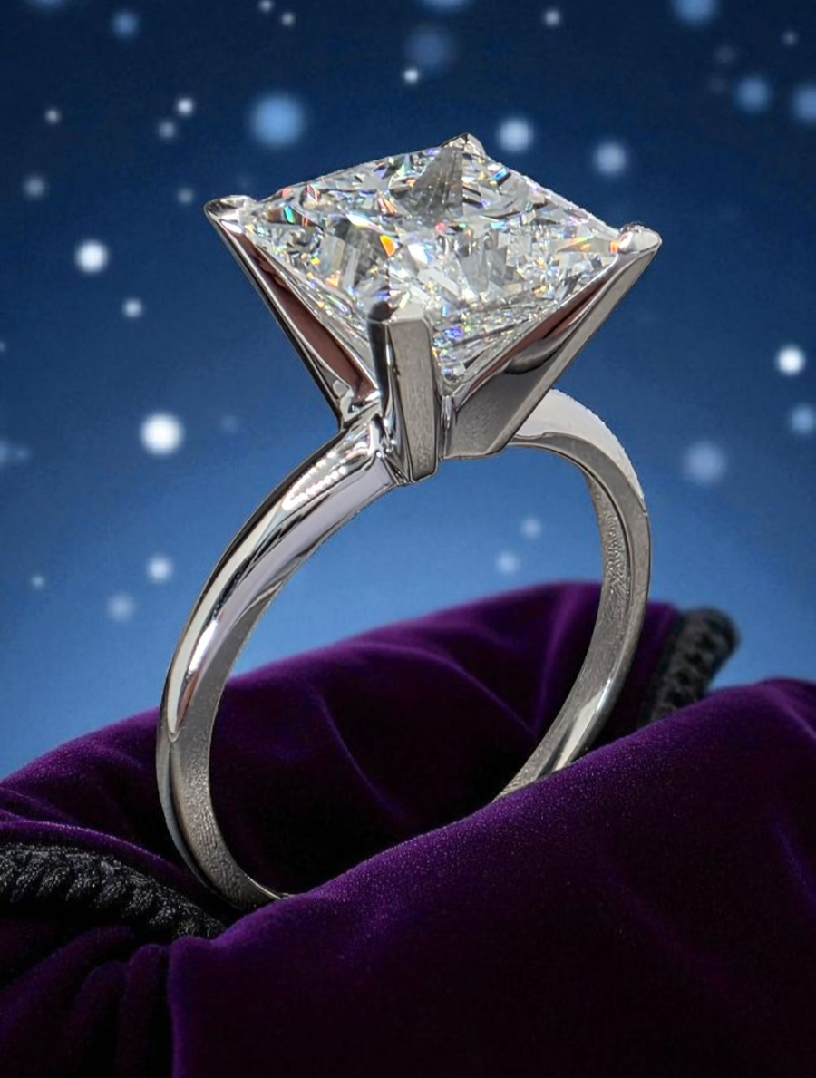 4.00 Ct E VVS2 Princess Cut Lab Grown Diamond Ring 14k Gold IGI Certified