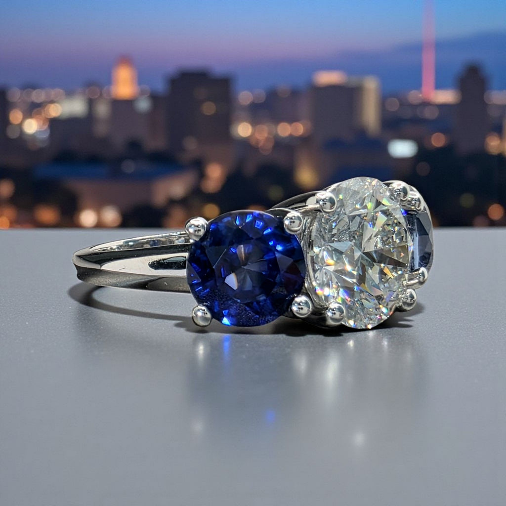 6.00 Ct E VS1 Sapphire and Diamond Lab Grown 3 Stone Ring 14k White Gold