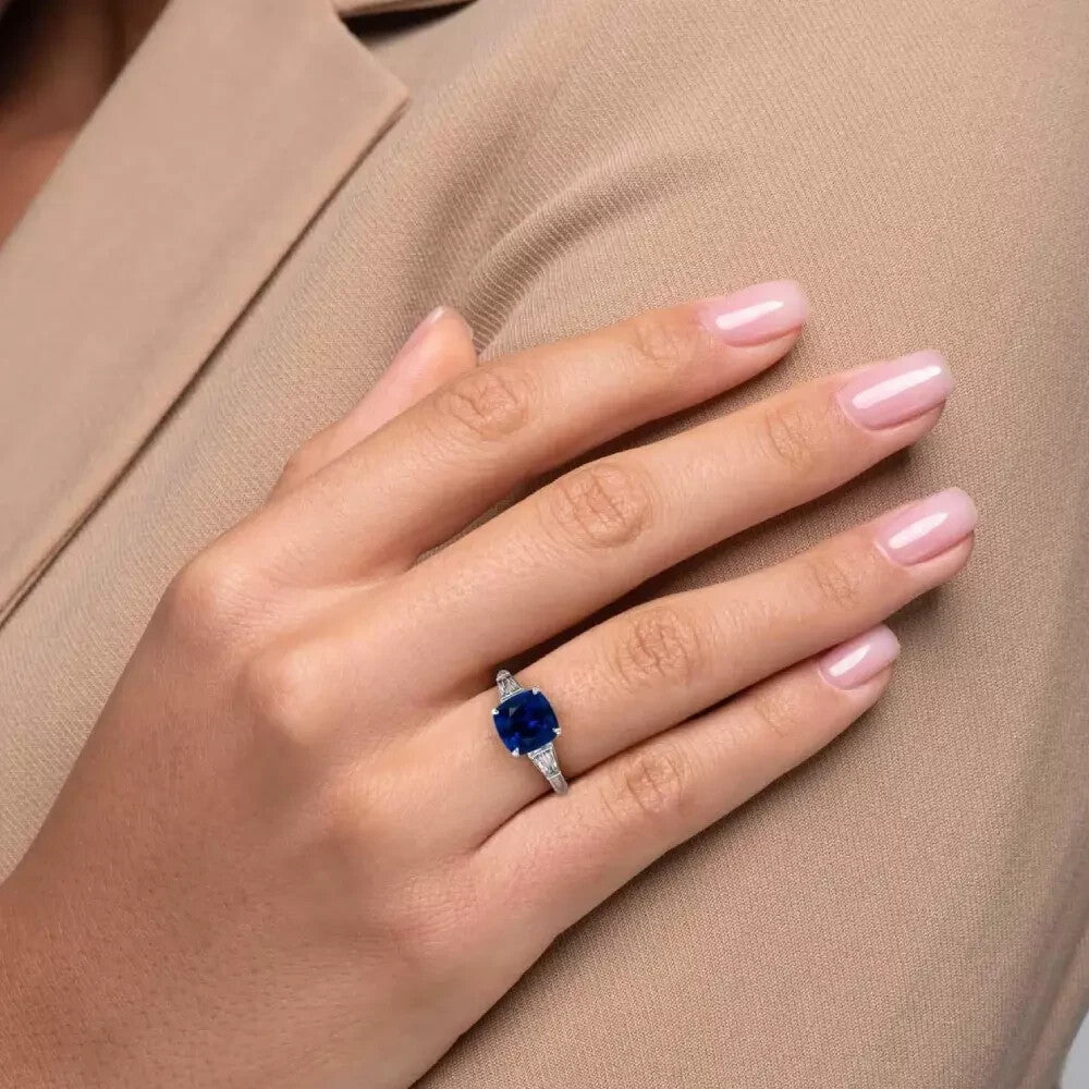 4.50 Ct Cushion Lab Grown Sapphire and Diamond Ring 14k GIA Authenticated