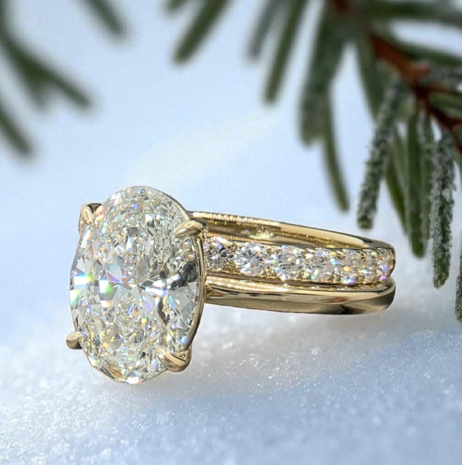 3.50 Ct E VS1 Lab Grown Oval Diamond Ring With Diamond Band IGI Certified 14k