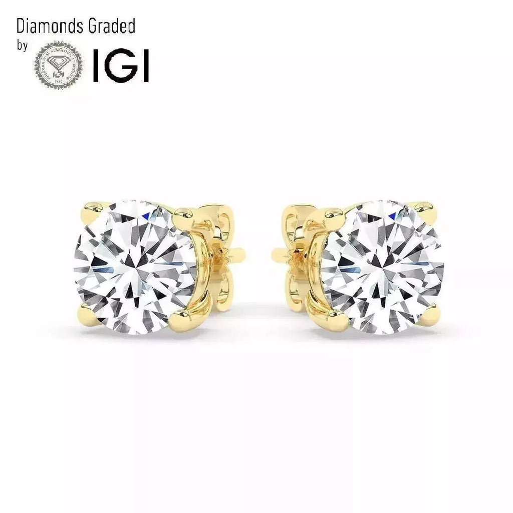2.00 Carat D VS1 Lab Grown Diamond Stud Earrings 14k Yellow Gold Push Back IGI