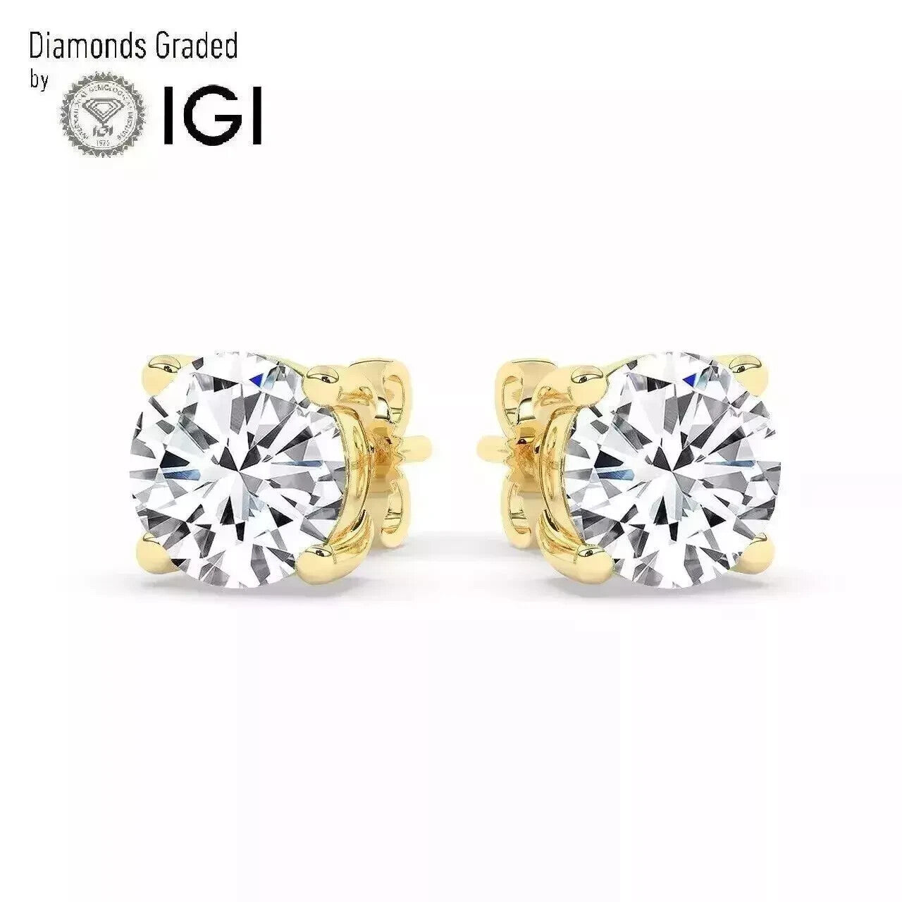2.00 Carat D VS1 Lab Grown Diamond Stud Earrings 14k Yellow Gold Push Back IGI