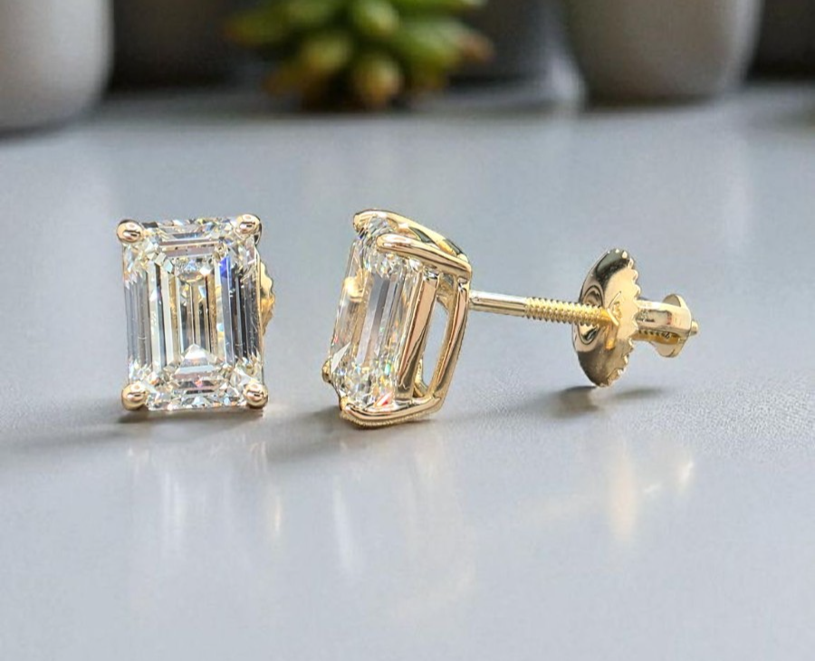3 Ct Basket Set Emerald Cut G VS1 Lab Grown Diamond Stud Earrings 14K Gold IGI