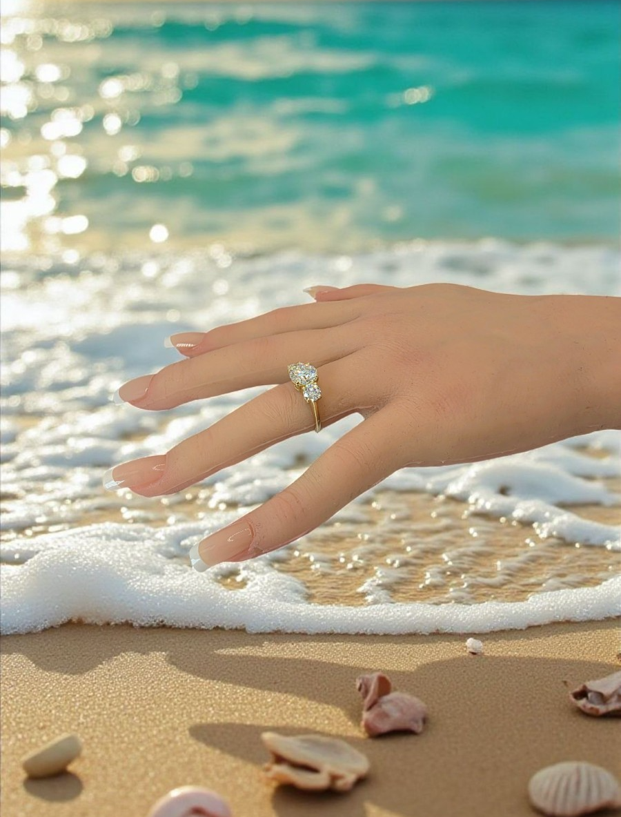 3.00 Ct D VS1 Lab Grown Round Cut Diamond Three Stone Engagement Ring 14k Gold