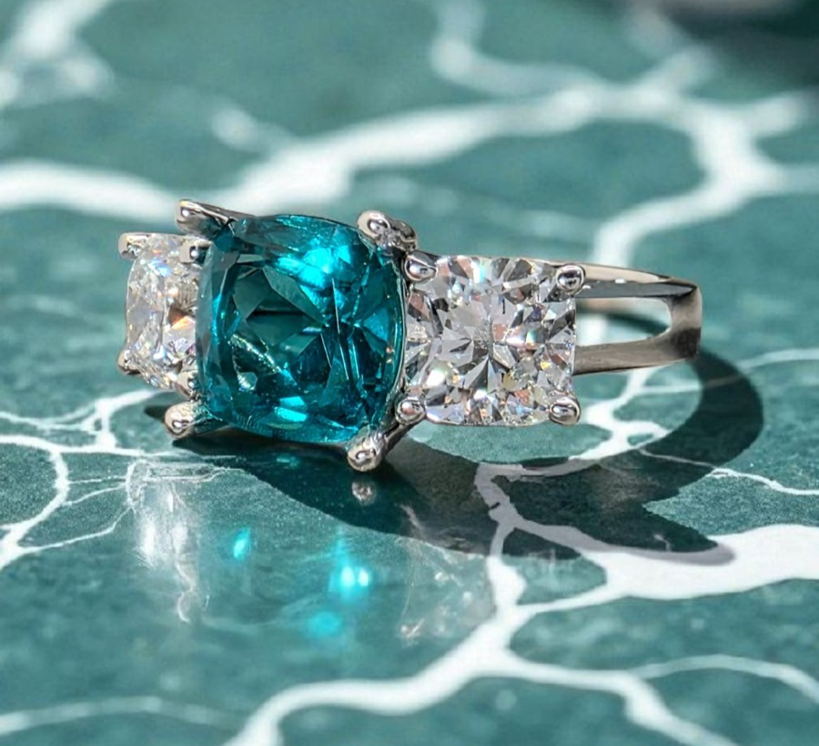 4.00 Ct Cushion Lab Grown Paraiba Tourmaline and Diamond Ring Platinum IGI GIA