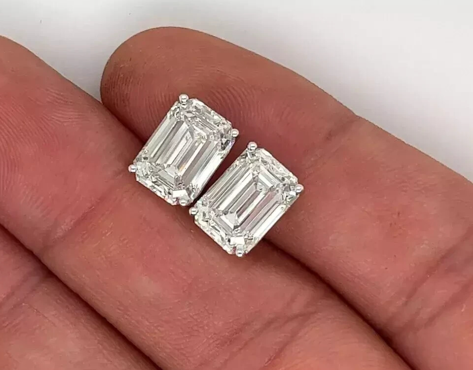 4 Ct Basket Set Emerald Cut G VS1 Lab Grown Diamond Stud Earrings 14K Gold IGI