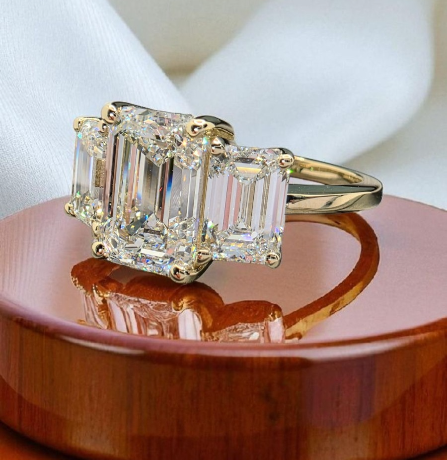 5 Carat IGI CERTIFIED D VS1 Emerald Cut Lab Grown Diamond Three Stone Ring 14k
