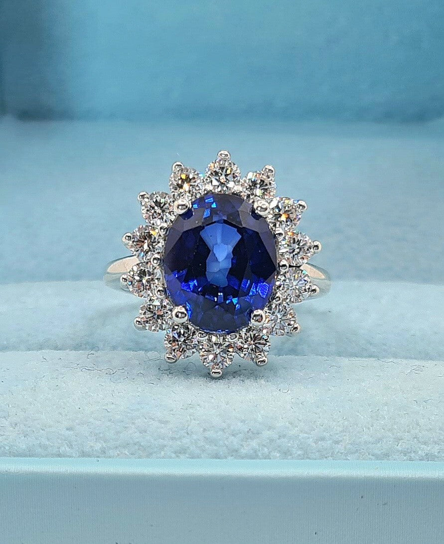 6.44 Ct Lady Di Lab Grown Sapphire and Diamond Ring 14k White GIA Authenticated
