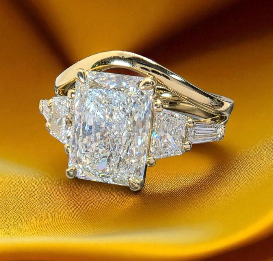 4.70 Ct E VS1 Radiant Lab Grown Diamond Ring IGI Certified 14k Gold W/Band Sz 5