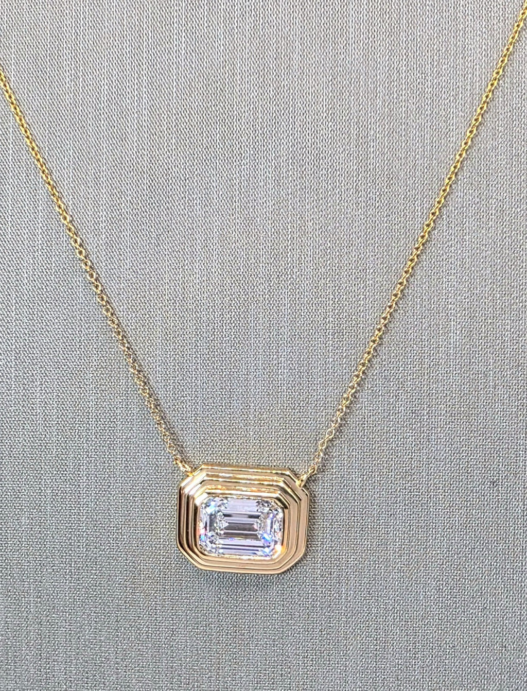 2.84 Ct D VVS2 Emerald Cut Lab Grown Bezel Pendant 14k Yellow Gold IGI Certified