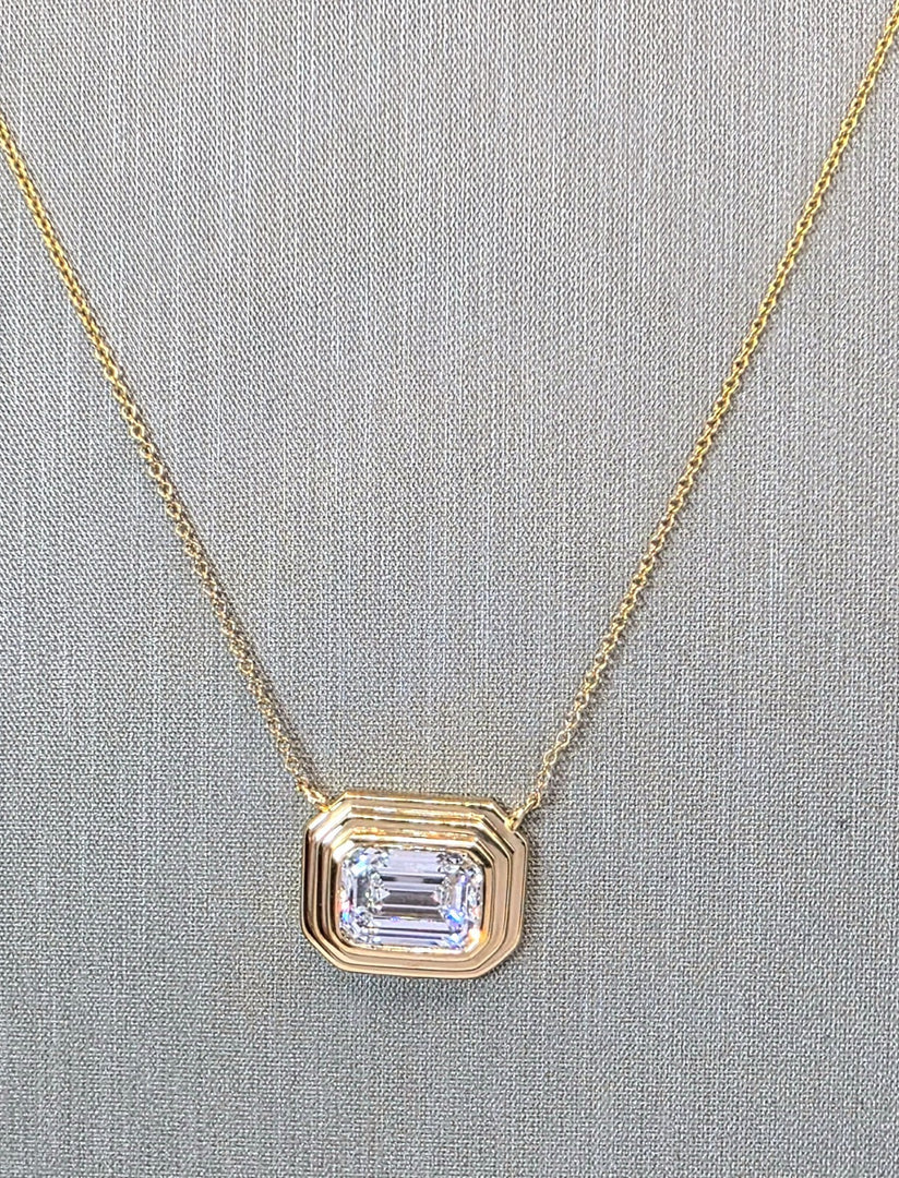 2.84 Ct D VVS2 Emerald Cut Lab Grown Bezel Pendant 14k Yellow Gold IGI Certified