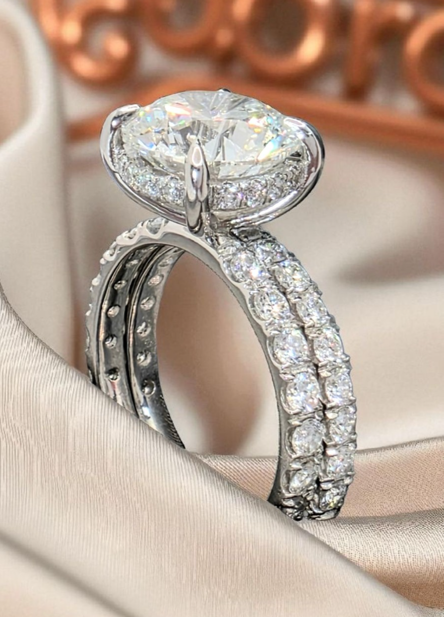 4.10 Ct D VS1 Round Lab Grown 14k Diamond Engagement Ring Set IGI Certified