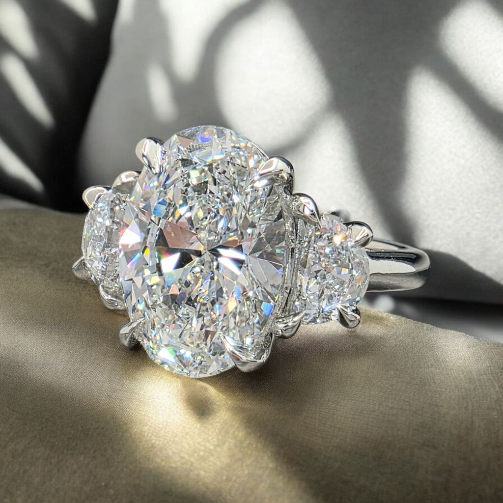 5.80 Ct D VS1 Platinum Oval Diamond Lab Grown Diamond 3 Stone Ring IGI Certified
