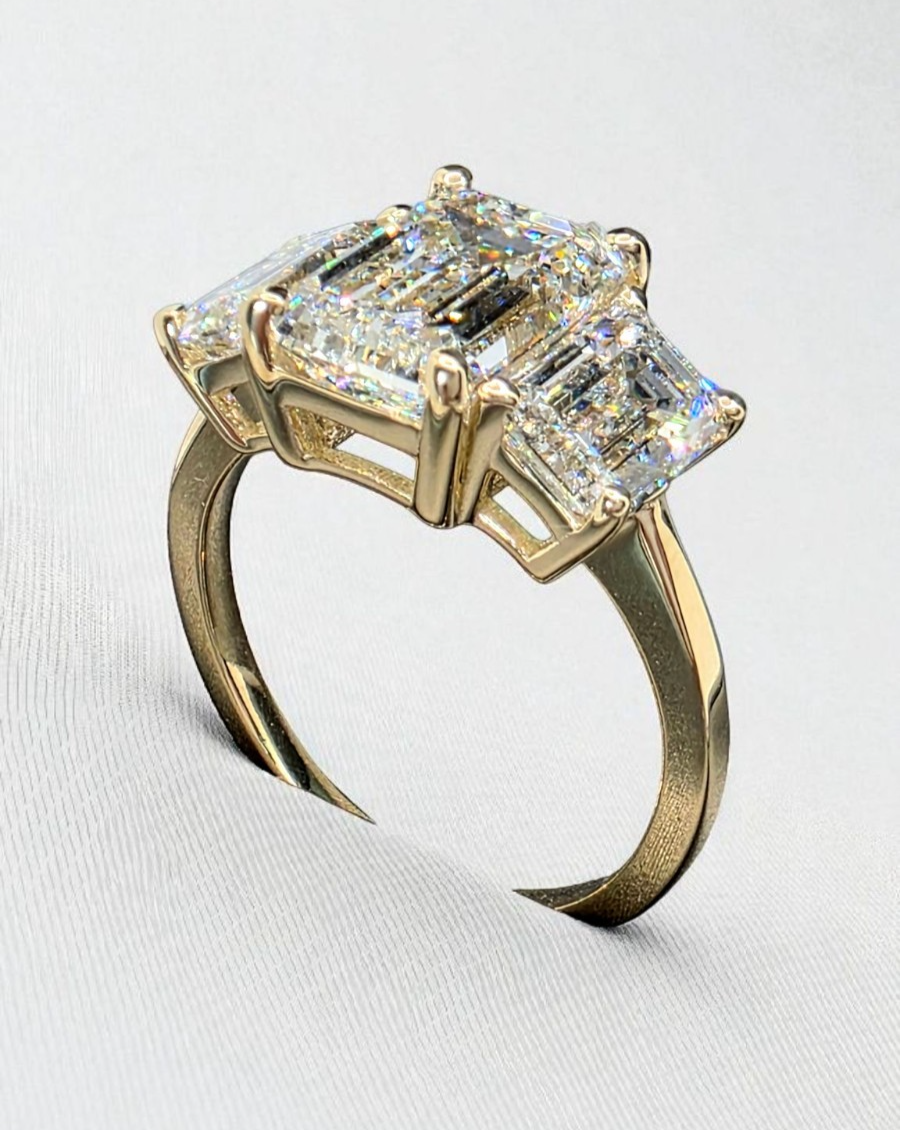 5 Carat IGI CERTIFIED D VS1 Emerald Cut Lab Grown Diamond Three Stone Ring 14k