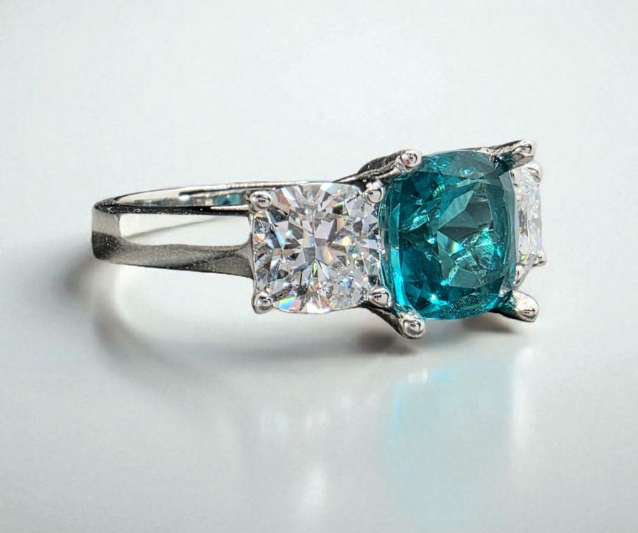 4.00 Ct Cushion Lab Grown Paraiba Tourmaline and Diamond Ring 14k IGI GIA