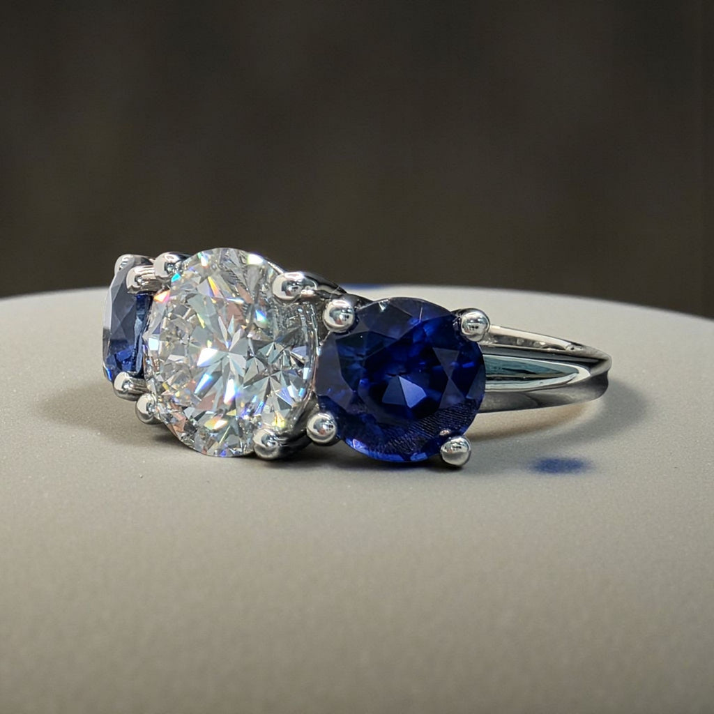6.00 Ct E VS1 Sapphire and Diamond Lab Grown 3 Stone Ring 14k White Gold