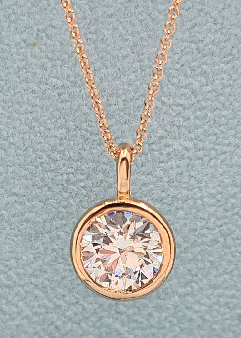 3.00 Ct E VVS2 Round Lab Grown Diamond Bezel Pendant 14k Rose Gold IGI Certified